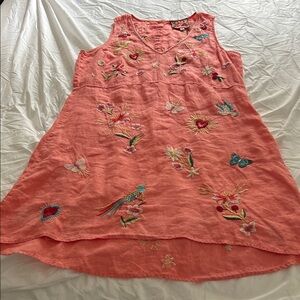 Johnny Was Embroidered Coral Pink Sleeveless Linen Dress